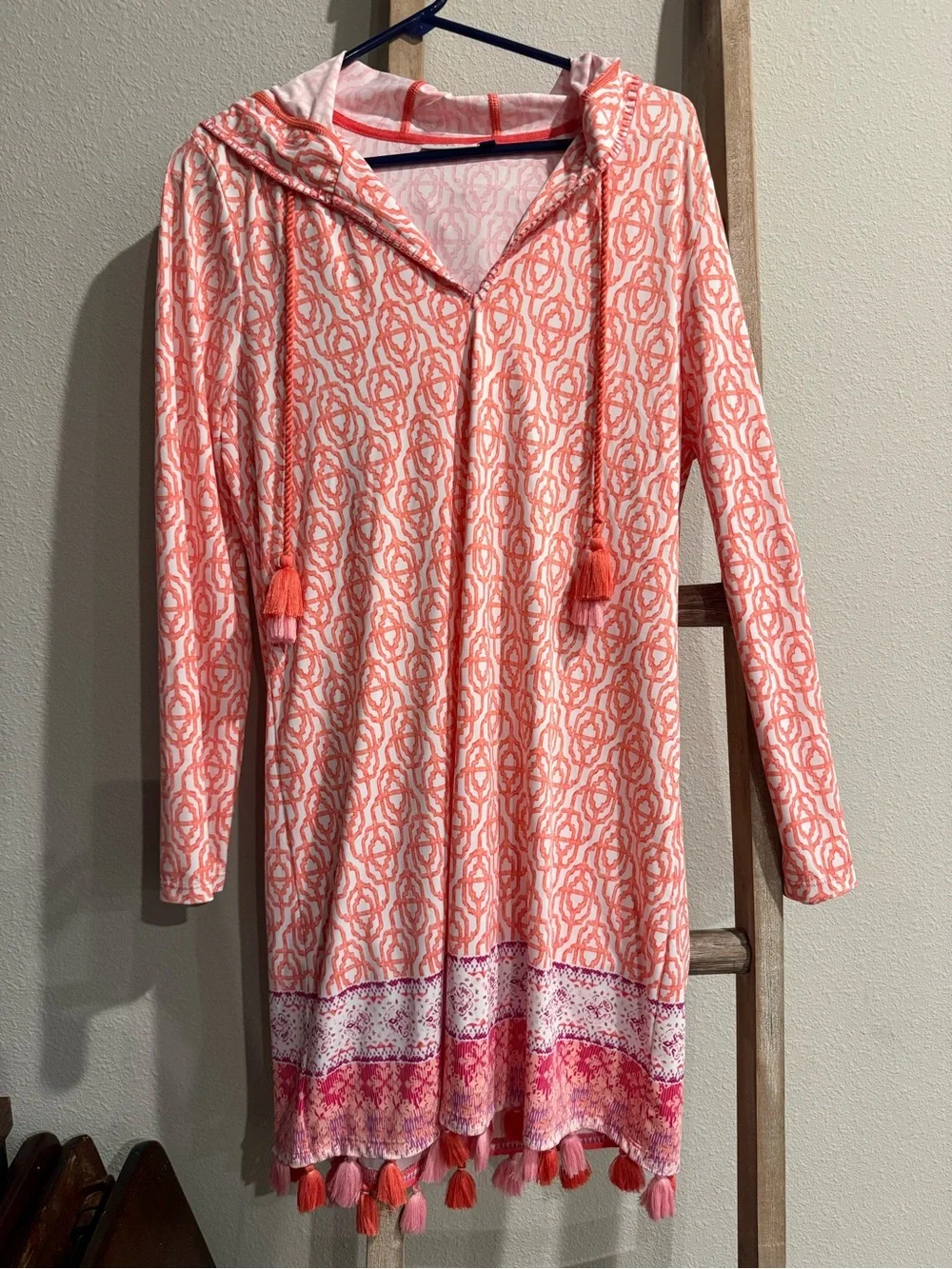 Cabana Life Pink and Coral Patterned dress with hood - Picture 1 of 3